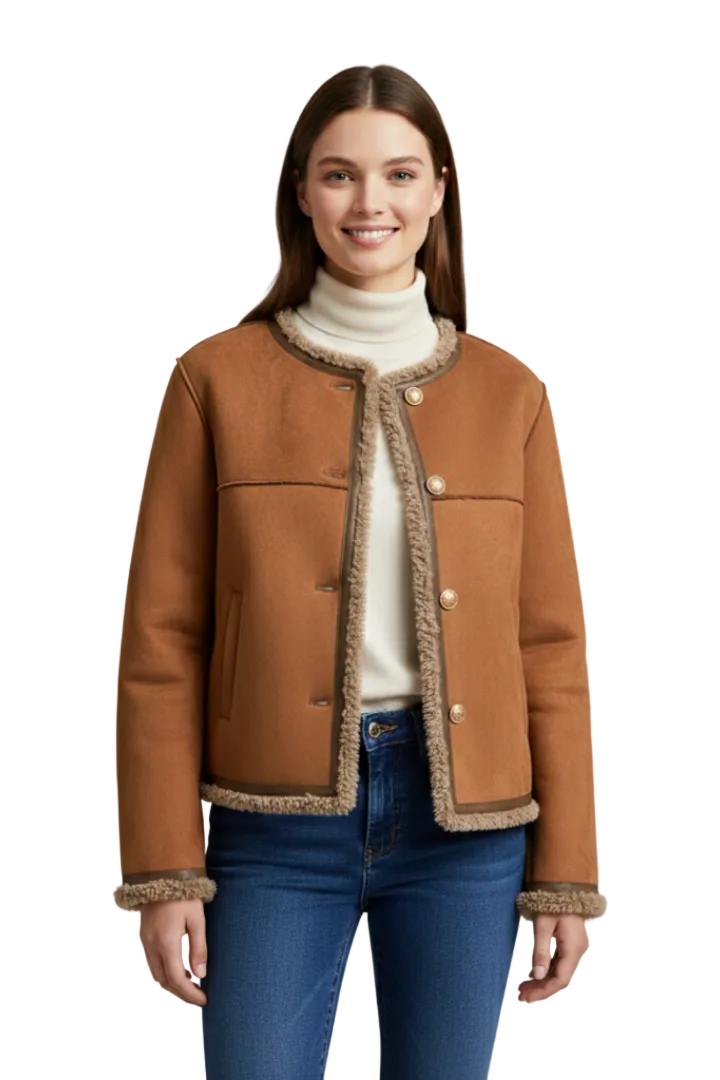 Women Jacket with Button Closure and Trim Edging