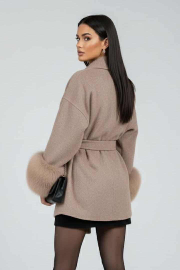 Women's Belted Faux Fur Trim Coat