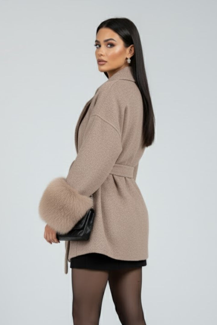 Women's Belted Faux Fur Trim Coat