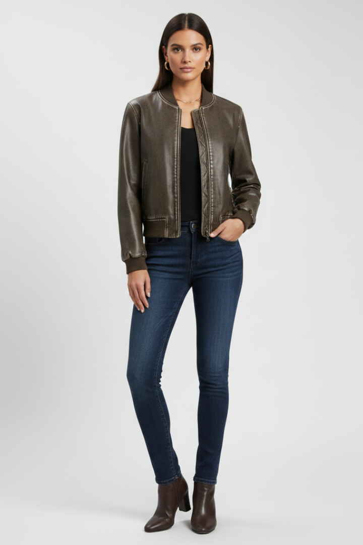 Women's Faux Leather Bomber Jacket with Collared Neck
