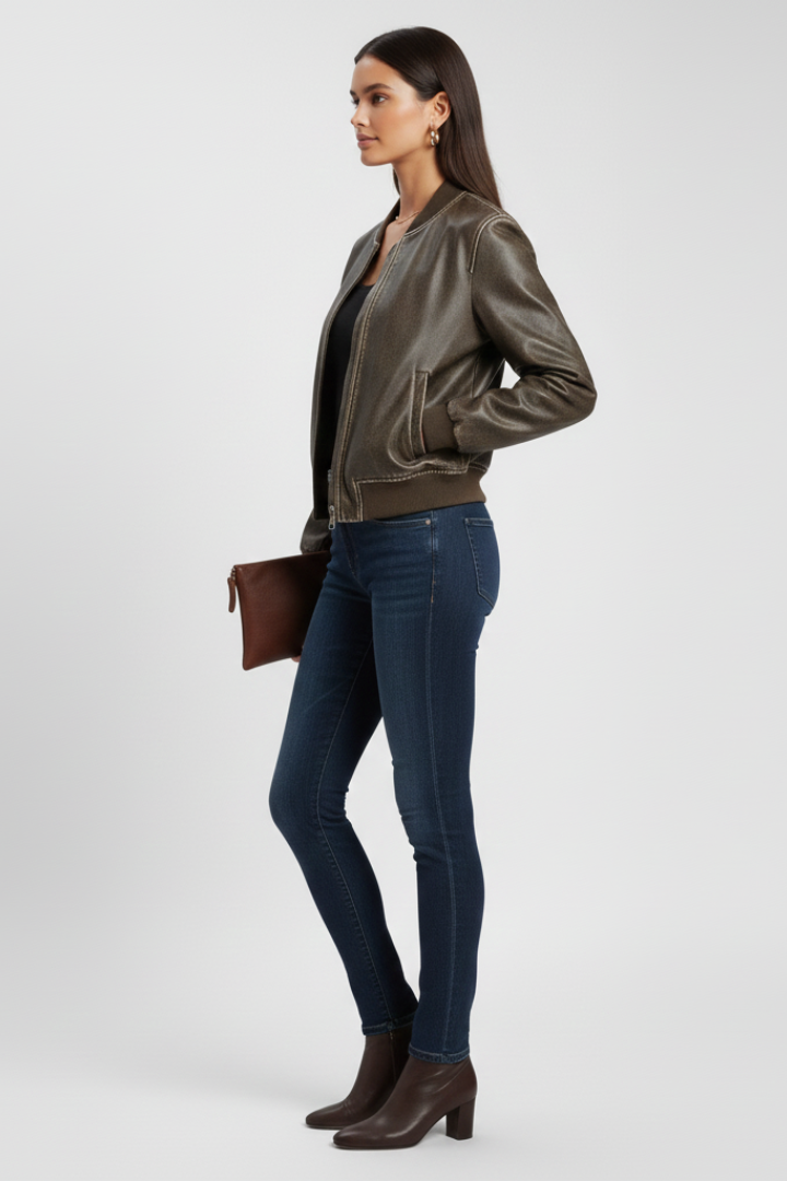 Women's Faux Leather Bomber Jacket with Collared Neck