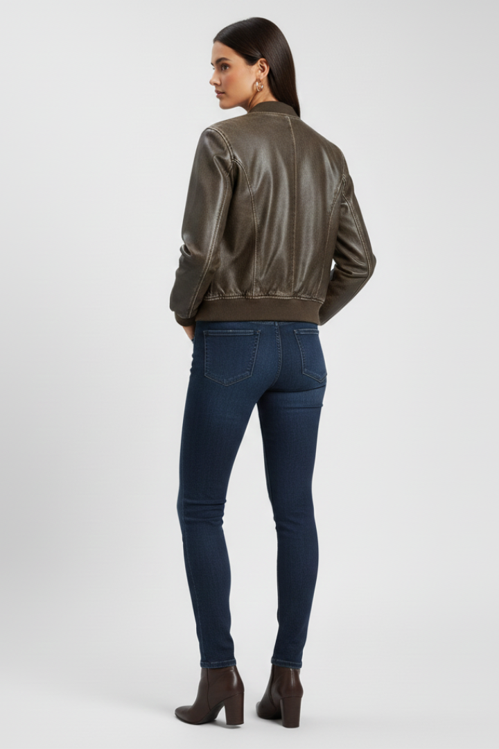 Women's Faux Leather Bomber Jacket with Collared Neck