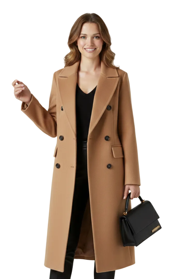 Women's Double-Breasted Long Coat with Lapel Collar