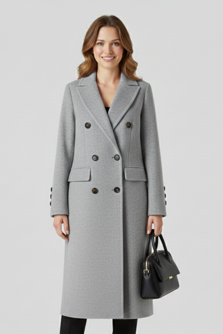 Women's Double-Breasted Long Coat with Lapel Collar