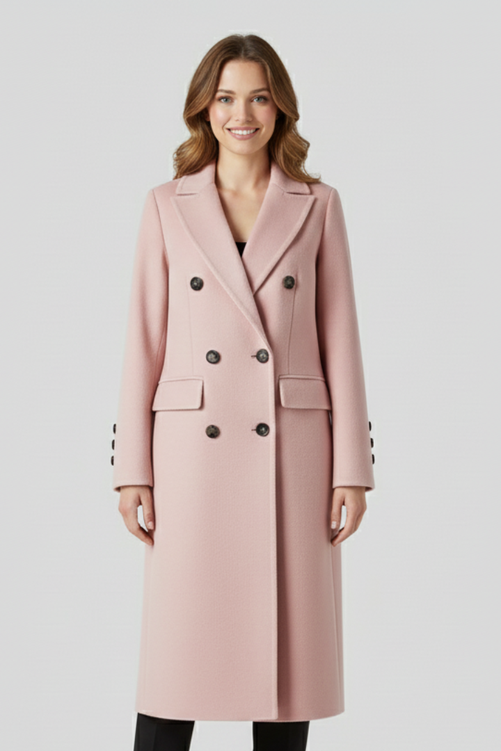 Women's Double-Breasted Long Coat with Lapel Collar