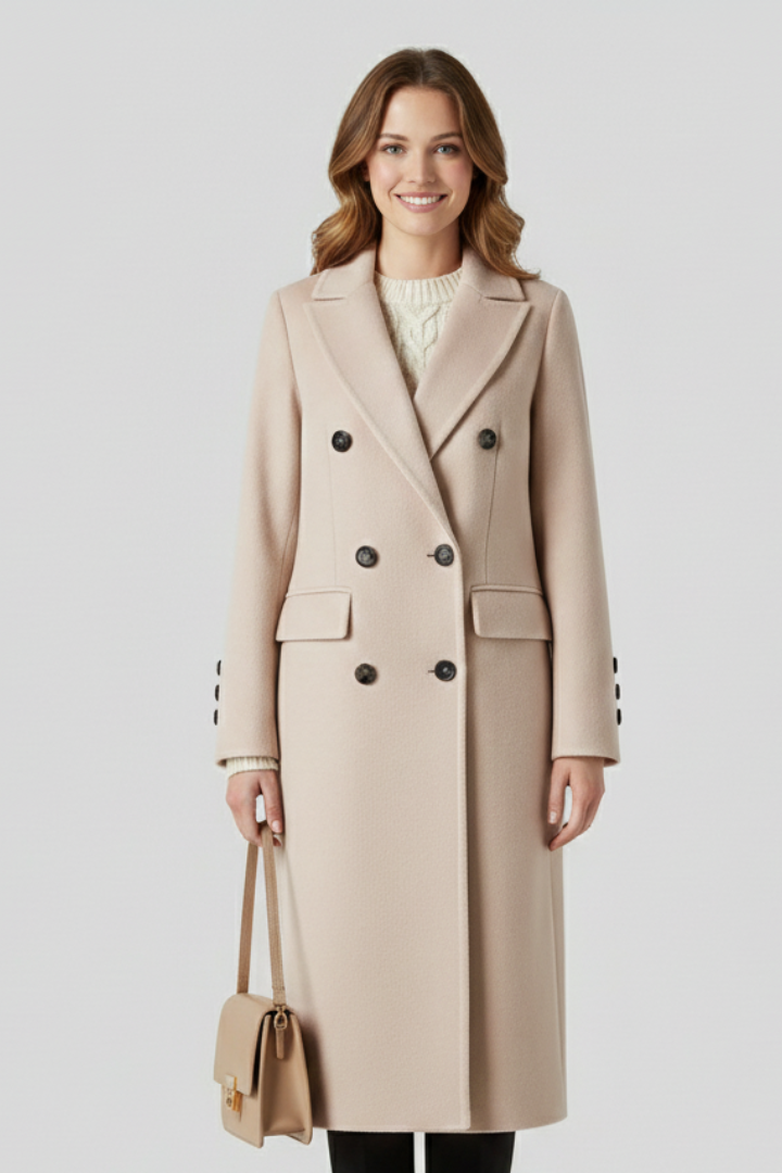 Women's Double-Breasted Long Coat with Lapel Collar