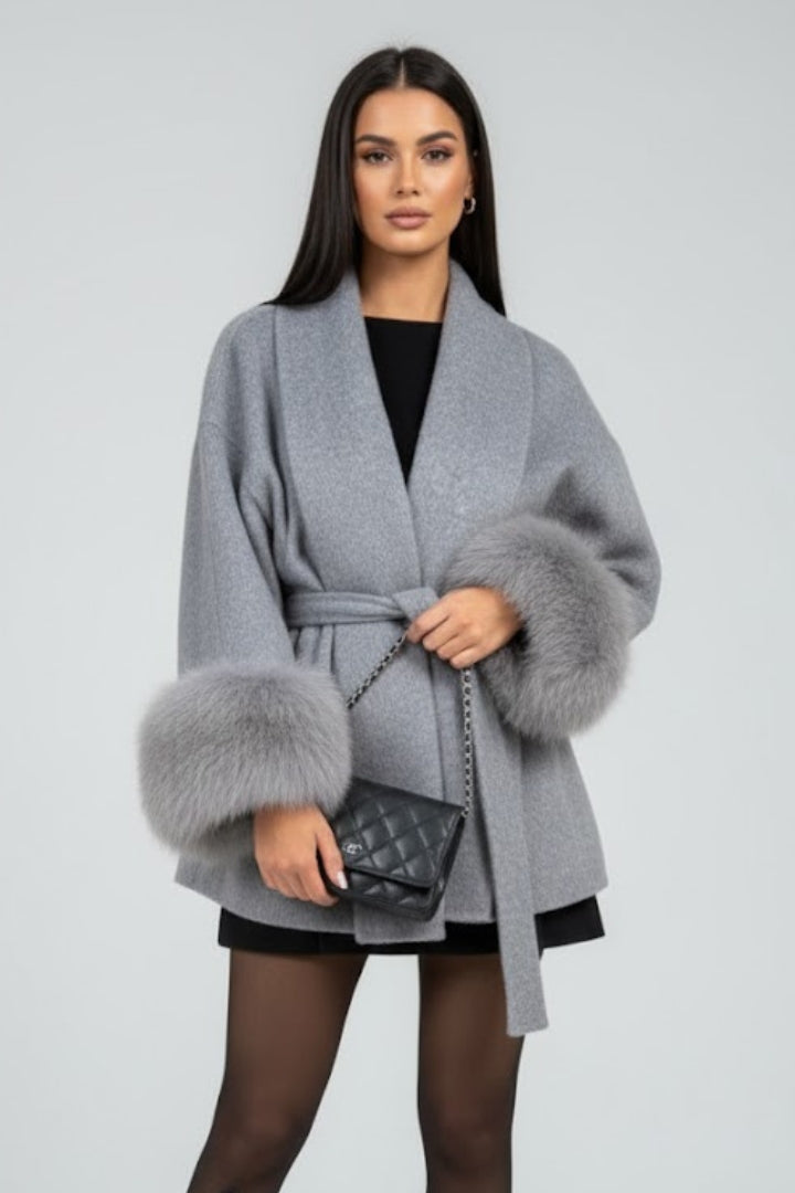 Women's Belted Faux Fur Trim Coat