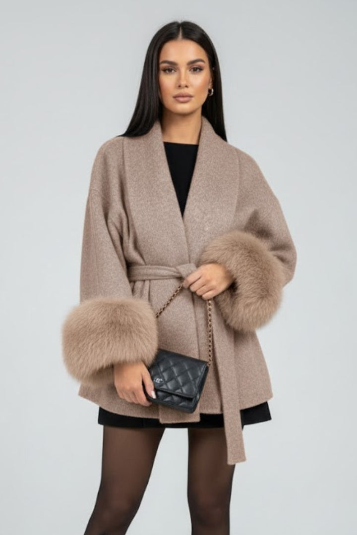 Women's Belted Faux Fur Trim Coat