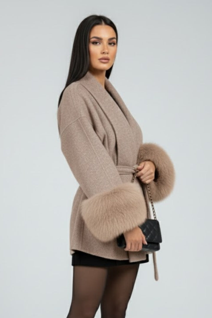 Women's Belted Faux Fur Trim Coat