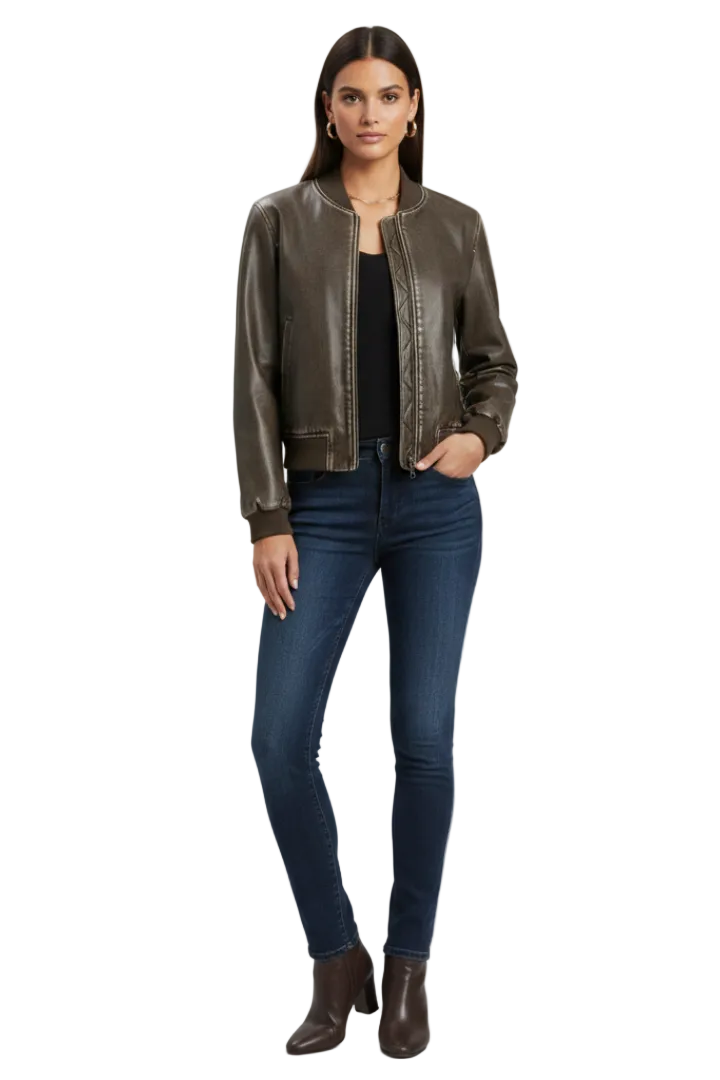 Women's Faux Leather Bomber Jacket with Collared Neck