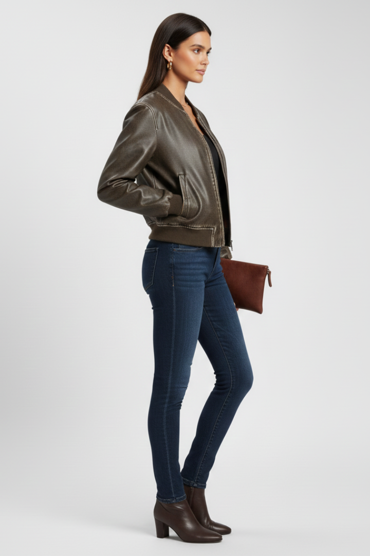 Women's Faux Leather Bomber Jacket with Collared Neck