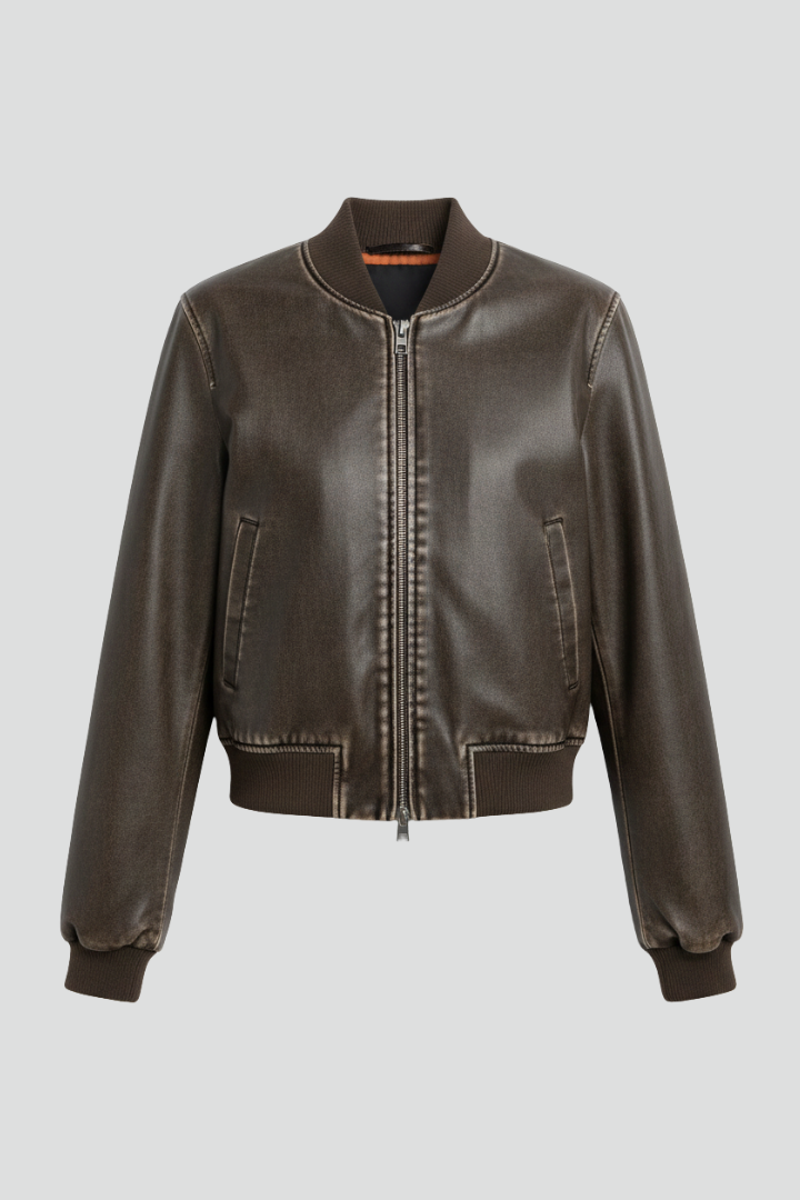 Women's Faux Leather Bomber Jacket with Collared Neck